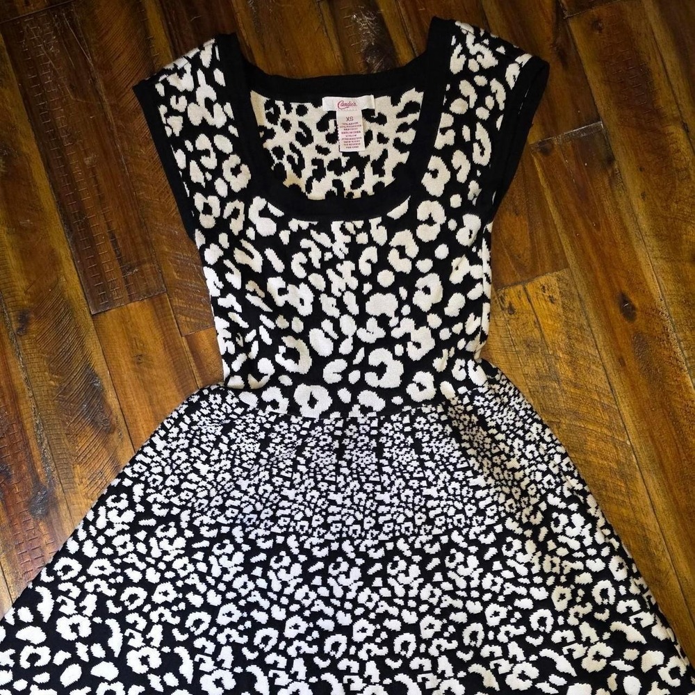 Candies Leopard Print Skater Dress Black White XS Sleeveless Sweater Knit Scoop